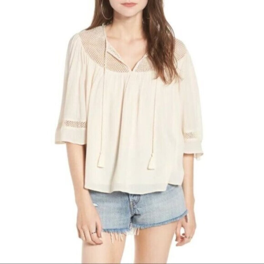 Tularosa Revolve Huxley Top Cream Tassels ties Gauze Crochet Flutter Sleeve - Picture 3 of 15